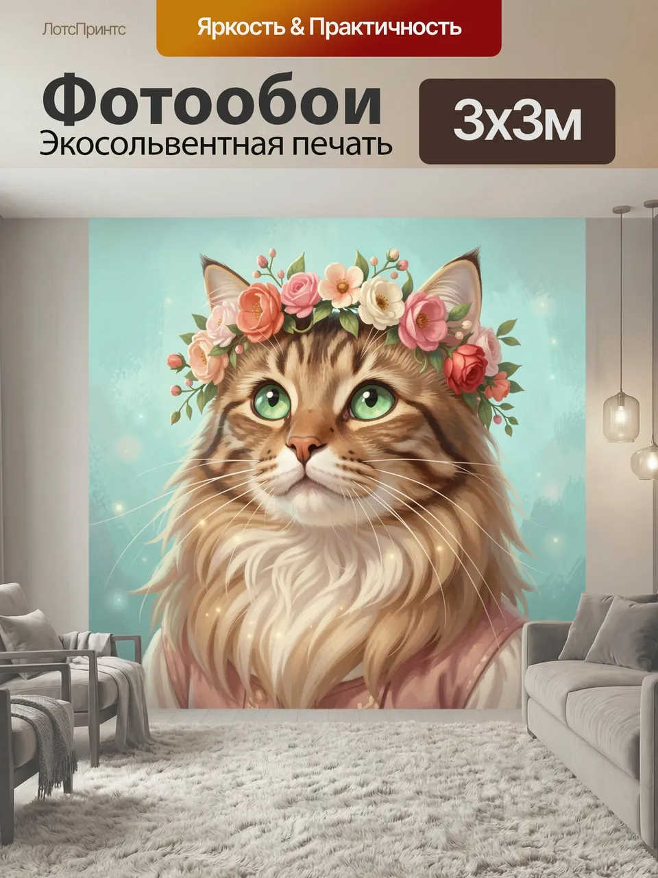 Фотообои Кот в цветочном венке. Милый пушистый питомец с большими зелёными глазами в нежных розовых и кремовых…
