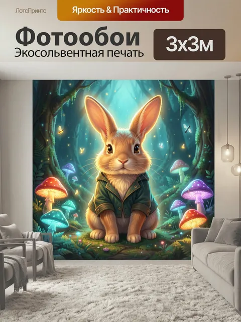 Фотообои Заяц в волшебном лесу. Милый кролик в зеленой куртке сидит среди светящихся грибов и лесных огоньков. Сказочн…