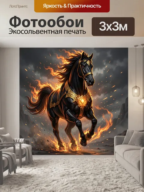 Фотообои Огненный конь в доспехах. Могучий тёмный скакун с золотой сбруей мчится сквозь пламя и искры на фоне грозного…