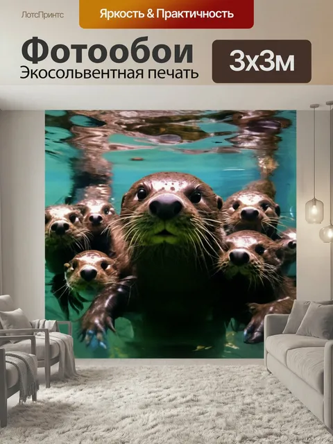 Фотообои Животные, выдры плавают под водой Вода, под водой выдры Выдры, выдра