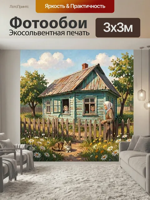 Фотообои Деревенский дом с садом. Уютный сельский двор с бирюзовой избой, деревянным забором, цветущими ромашками и ры…