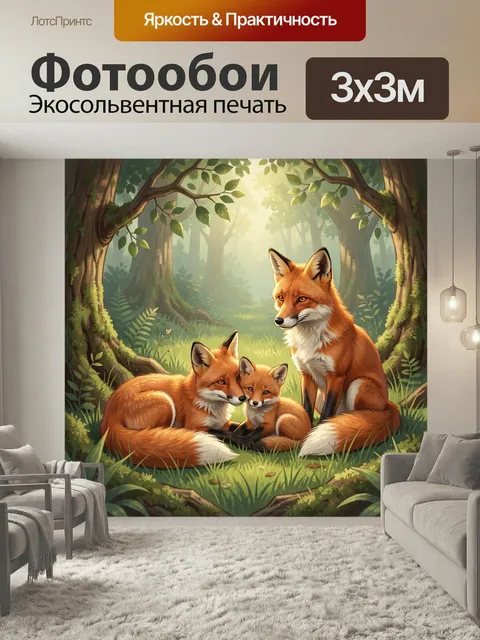 Фотообои Семья лис в лесу. Тёплая иллюстрация с рыжими зверями среди деревьев и мягкого солнечного света. Лесная полян…