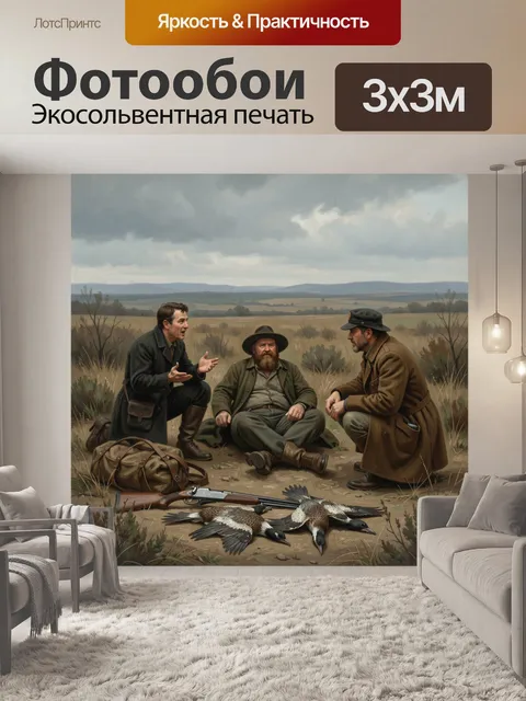 Фотообои Охотники в степи с добычей. Трое мужчин в охотничьей одежде беседуют на фоне широких полей и хмурого неба, ря…