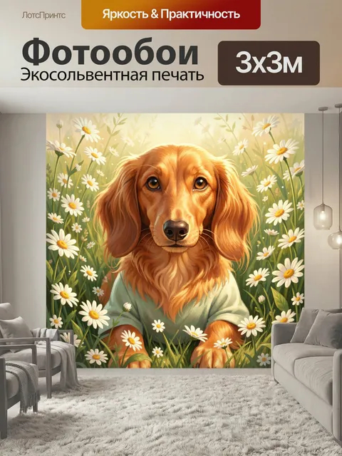 Фотообои Золотистая собака среди ромашек. Нежная иллюстрация с рыжим длинноухим псом в светлой одежде на цветущем летн…