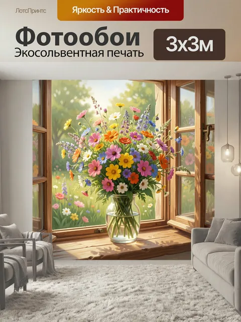 Фотообои Яркий букет у открытого окна. Солнечная композиция из полевых цветов в стеклянной вазе на подоконнике, вид на…