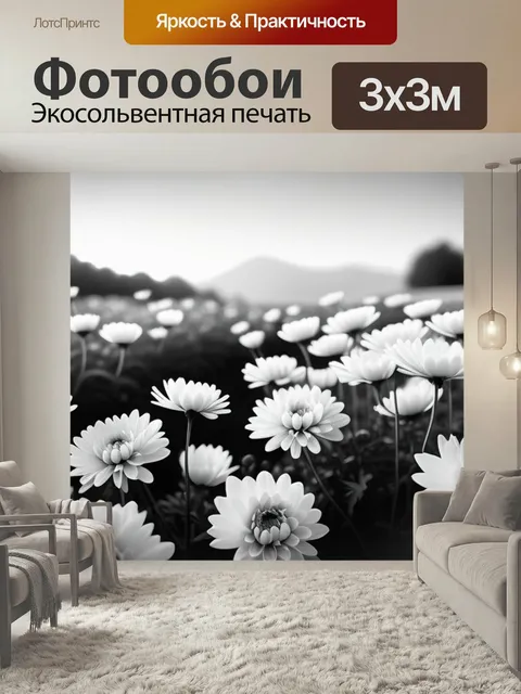 Фотообои Пейзаж с хризантемами чернобелый