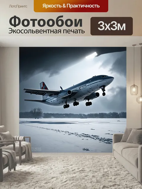 Фотообои Пейзаж с самолётом туполева, который приземляется на заснеженную землю в условиях метели. в стиле реалистично…