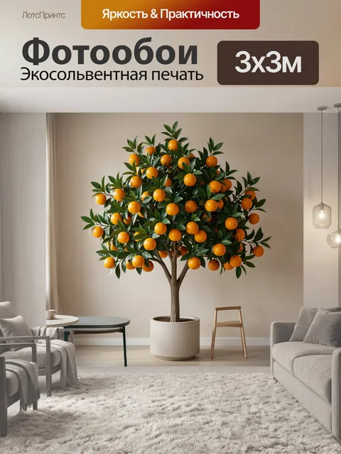 Фотообои Апельсиновое дерево в интерьере. Домашнее цитрусовое растение с яркими оранжевыми плодами и густой зелёной кр…