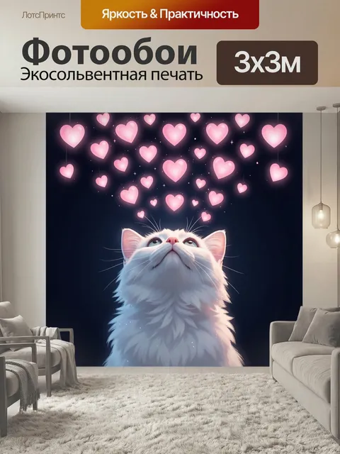 Фотообои Белый кот и розовые сердца. Нежный фантазийный сюжет: пушистый светлый кот смотрит вверх на парящие розовые с…