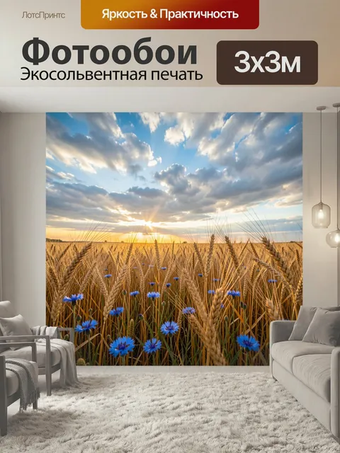 Фотообои Пшеничное поле с васильками на закате. Золотистые колосья в лучах вечернего солнца под драматичным небом, сре…