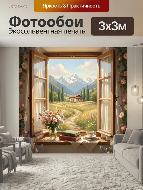 Фотообои Открытое окно с белыми шторами, изнутри уютной комнаты вид на живописный альпийский пейзаж: по центру компози…