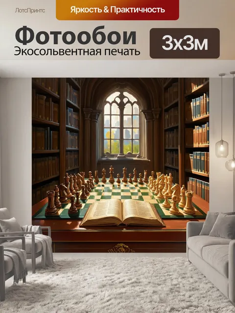 Фотообои Изображение шахматной доски в старинном библиотечном зале, окруженной множеством книг