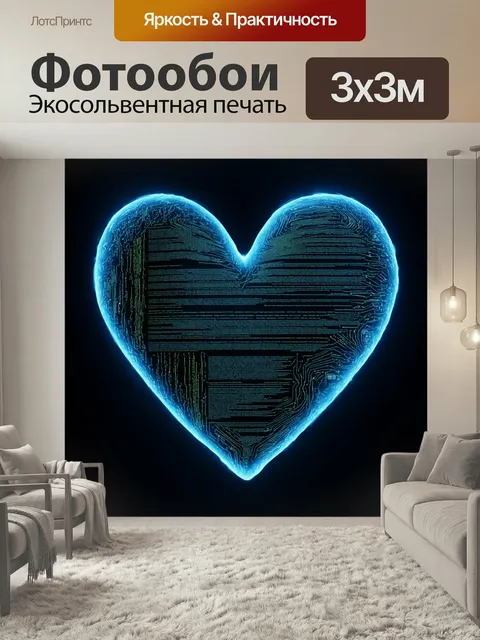 Фотообои Огромное сердце, состоящее из вычислительных машин и строчек кода, освещенное мягким светом, стиль эмоциональ…