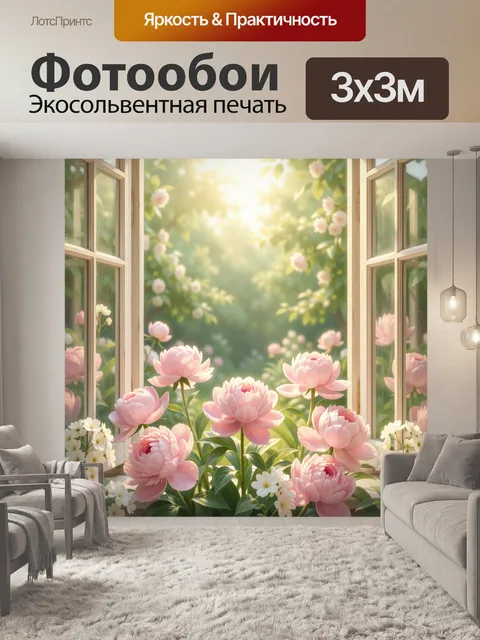 Фотообои Пионы в солнечном саду. Нежная весенняя сцена с крупными розовыми бутонами и белыми цветами у раскрытого окна…