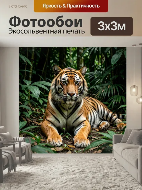 Фотообои Тигр в тропических джунглях. Реалистичный хищник, лежащий среди густой влажной зелени, с яркой полосатой шерс…