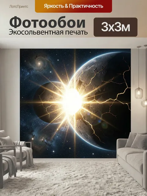Фотообои Столкновение планет в космосе. Эпическая космическая сцена: взрыв небесных тел, расколотая поверхность с огне…