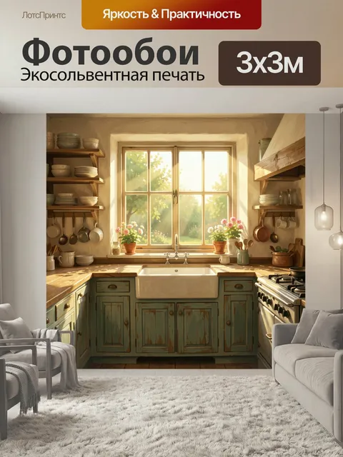 Фотообои Уютная кухня у окна с цветами. Светлая домашняя столовая зона в стиле кантри: деревянные шкафчики, белая рако…