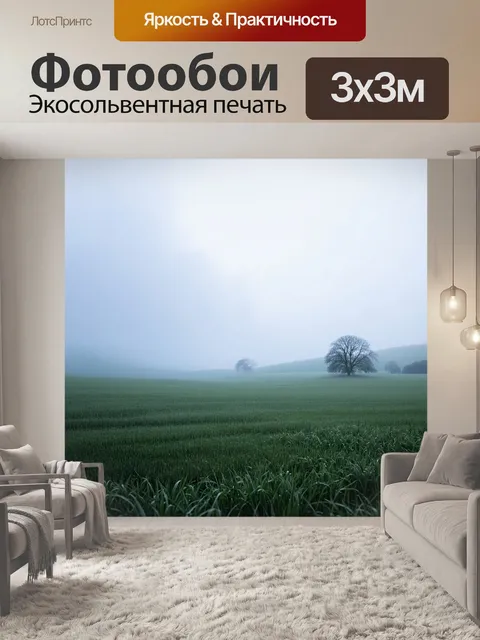 Фотообои Поле, окутанное вечным туманом, скрывающим далекие деревья и холмы. легкий свет пробивается сквозь облака, со…