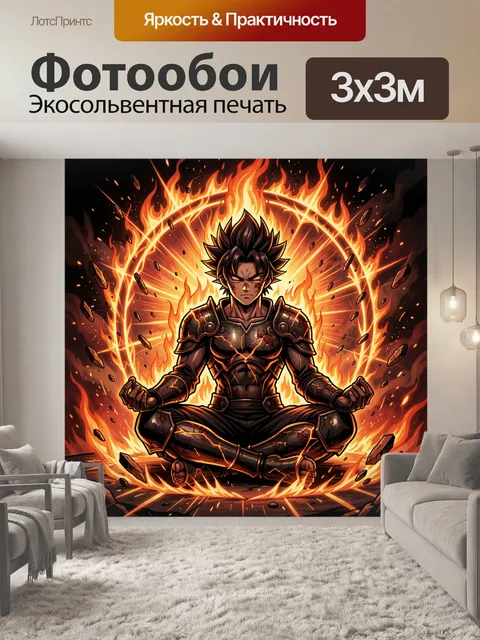 Фотообои Воин в огненном медитационном круге. Аниме-воитель в позе лотоса среди пылающего ореола, с каменными доспехам…