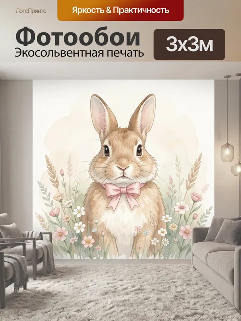 Фотообои Акварельный кролик с розовым бантом. Нежный зайчонок среди полевых цветов и колосьев, иллюстрация в пастельны…