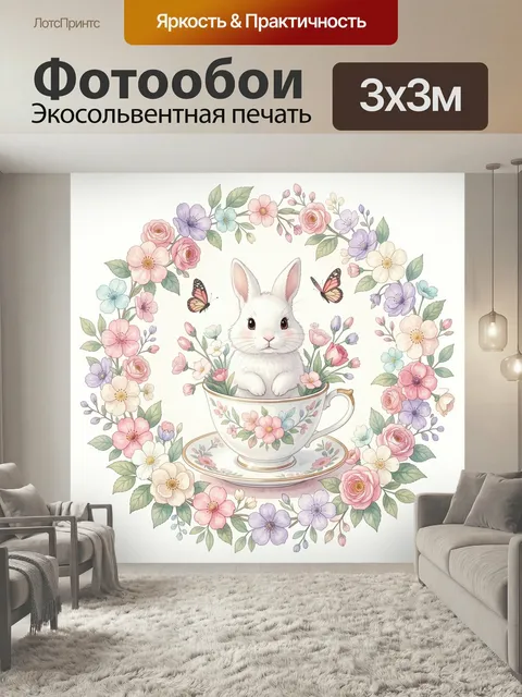 Фотообои Зайчик в цветочной чашке. Нежная акварельная композиция: белый кролик в фарфоровом сервизе, вокруг венок из р…