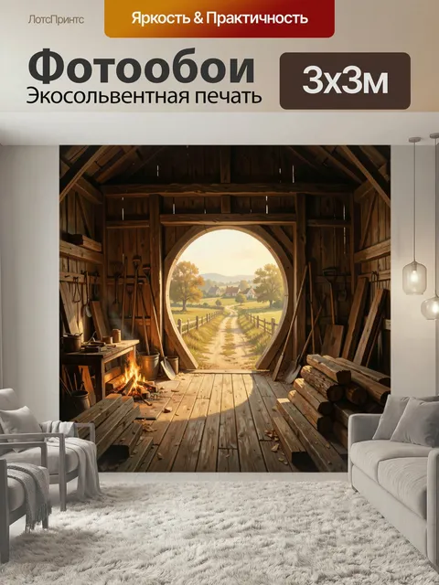 Фотообои Старинное хозяйство с видом на деревню. Внутри старого деревянного помещения лежат инструменты, дрова и горит…