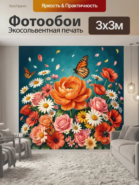 Фотообои Яркие цветы и бабочки