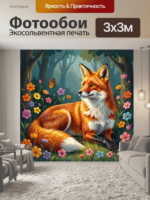 Фотообои Лиса в цветущем лесу. Рыжая лисица среди ярких полевых цветов в туманном лесу, рядом бабочка. Иллюстрация в с…
