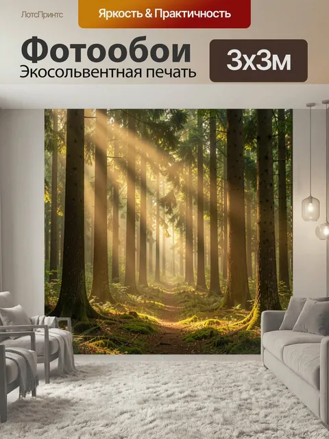 Фотообои Солнечный лесной путь среди елей. Высокие хвойные стволы, мягкие лучи утреннего света, туманная атмосфера и м…