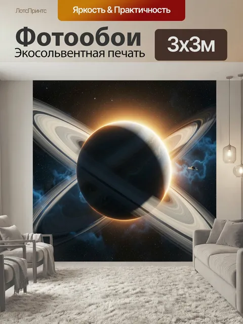 Фотообои Планета с кольцами в космосе. Фантастический космический пейзаж с тёмной сферой в сиянии солнца, широкими орб…