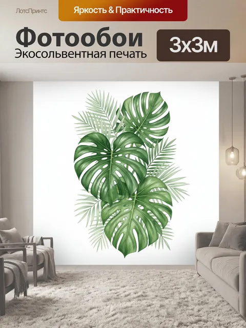 Фотообои Тропические листья монстеры. Лаконичная ботаническая композиция с крупными зелёными листьями монстеры и тонки…