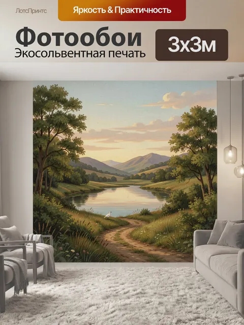 Фотообои Речная долина у гор на закате. Спокойный природный пейзаж с зеркальной водой, зелёными деревьями и холмами вд…