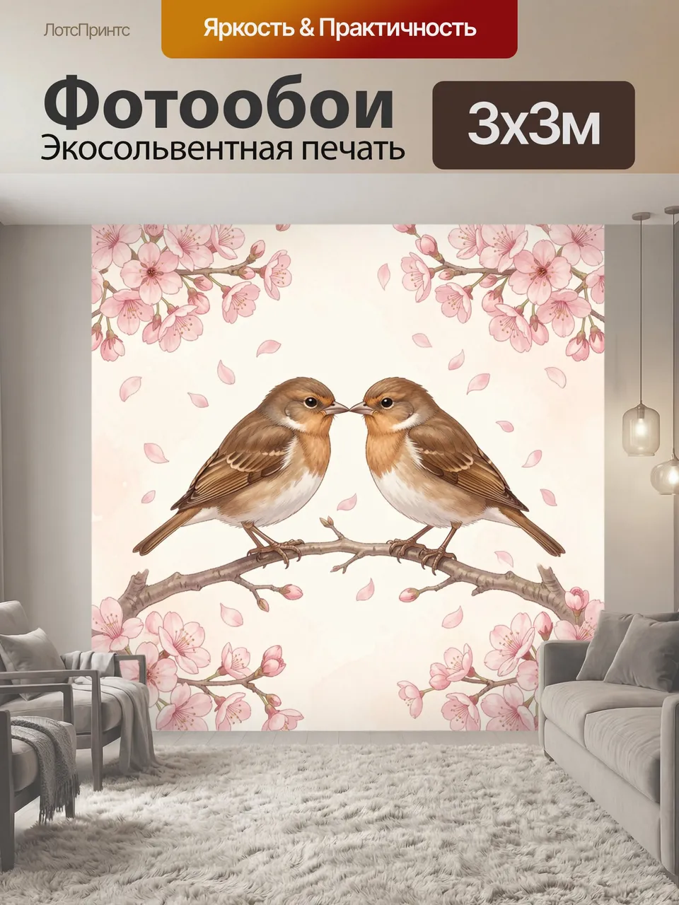 Фотообои Две птицы среди цветущих веток. Нежная весенняя композиция с парой маленьких пернатых на ветви, розов…