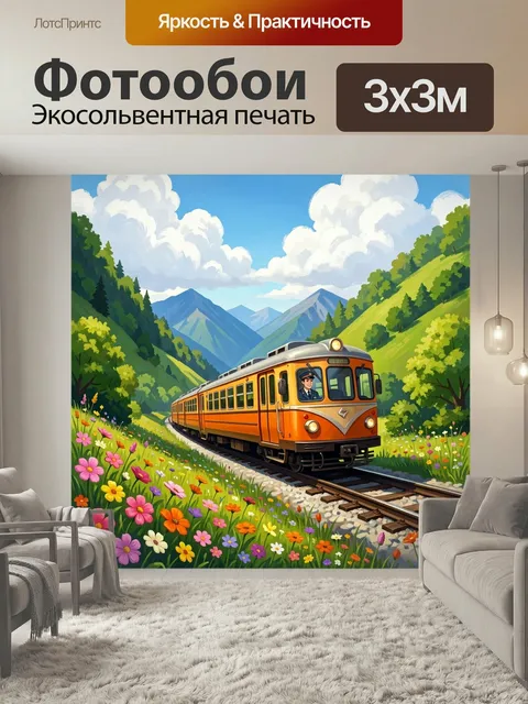 Фотообои Оранжевый поезд в горах. Яркий железнодорожный состав среди альпийской долины, зеленых холмов и цветущего луг…