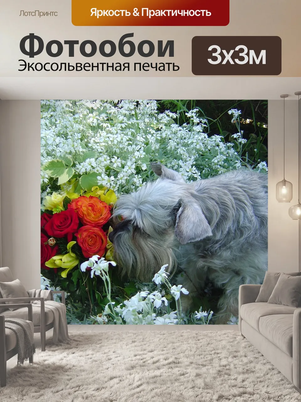 Фотообои Шнауцер нюхает цветы, собака в саду, собака нюхает цветы