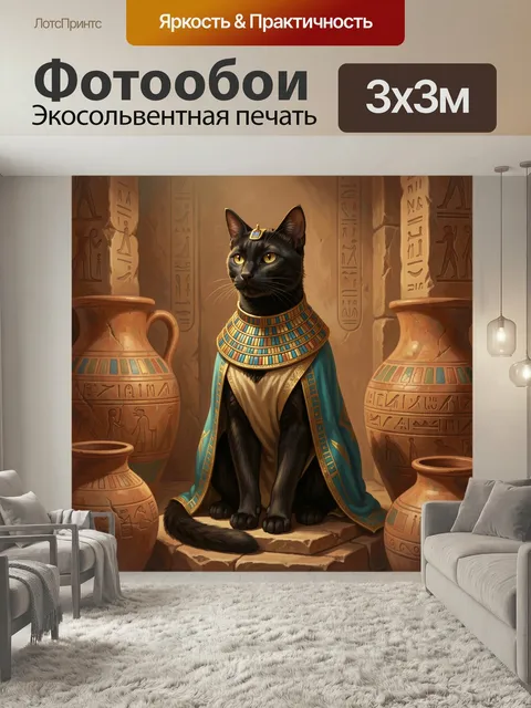 Фотообои Черный кот в египетском одеянии. Черный кот в роскошном египетском наряде с золотым воротником и бирюзовой ма…