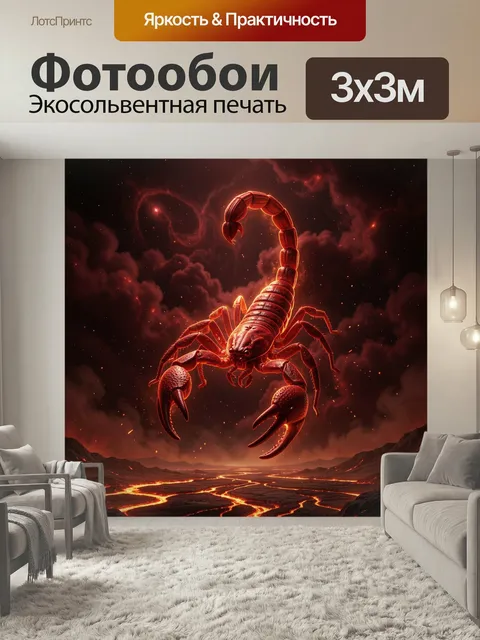 Фотообои Огненный скорпион над лавой. Фантастический алый арахнид с поднятым жалом парит в космическом небе над вулкан…