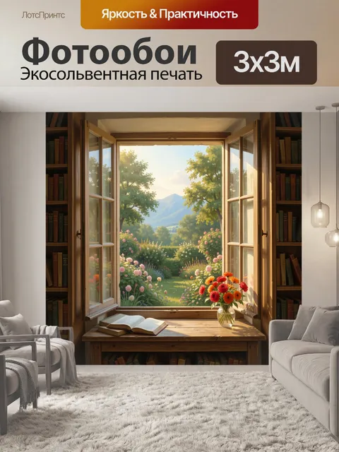 Фотообои Уютный вид на сад и горы. Тёплый интерьер у распахнутого окна с книгами и букетом цветов, за стеклом — зелёны…