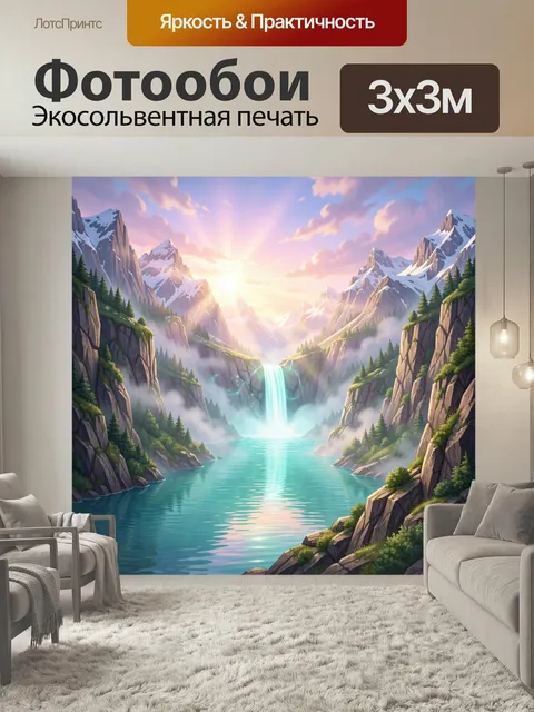 Фотообои Сказочная горная долина с водопадом. Живописная альпийская панорама с бирюзовой водой, скалистыми вершинами с…