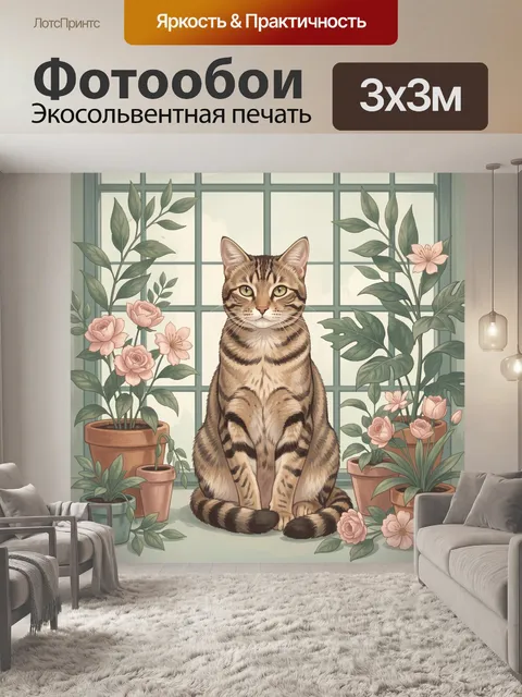 Фотообои Кот в окружении цветов в горшках. Уютная иллюстрация: полосатый кот сидит у окна, вокруг — букеты и листья в …
