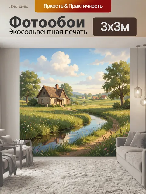 Фотообои Деревенский пейзаж у ручья. Уютная сельская местность с домиком, лугами, деревьями и извилистой водой. Светла…