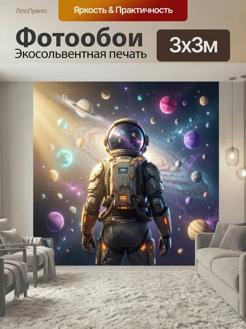 Фотообои Космонавт среди планет и галактики. Футуристический астронавт на фоне звездного неба, ярких планет и спиральн…