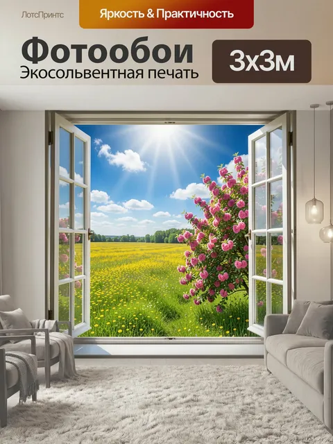 Фотообои Цветущее поле у открытого окна. Летний сельский пейзаж с солнечными лучами, голубым небом, белыми облаками, ж…