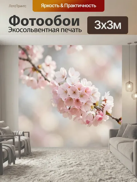 Фотообои Розовые цветы сакуры на ветке. Нежные весенние соцветия на тонкой ветви, мягкий размытый фон, пастельные розо…