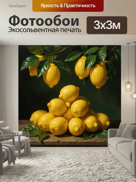Фотообои Лимоны с зелёными листьями. Натюрморт с спелыми цитрусовыми на тёмном фоне: ярко-жёлтые плоды и глянцевые изу…
