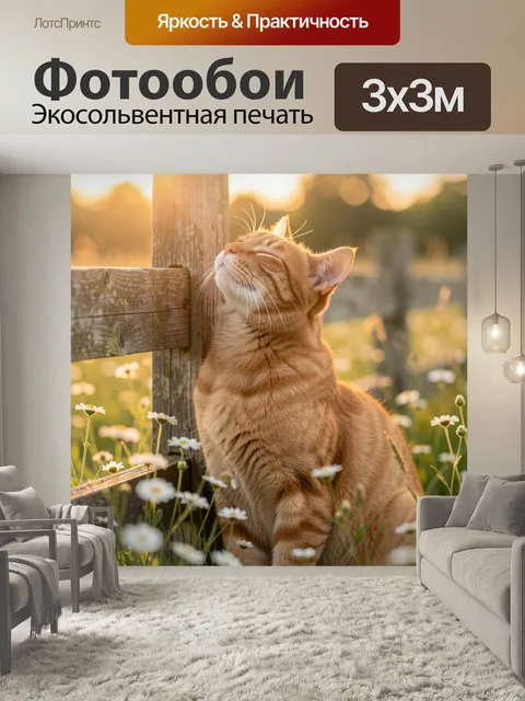 Фотообои Рыжий кот у деревянного забора. Полосатый домашний питомец с закрытыми глазами нежится в лучах заката среди р…