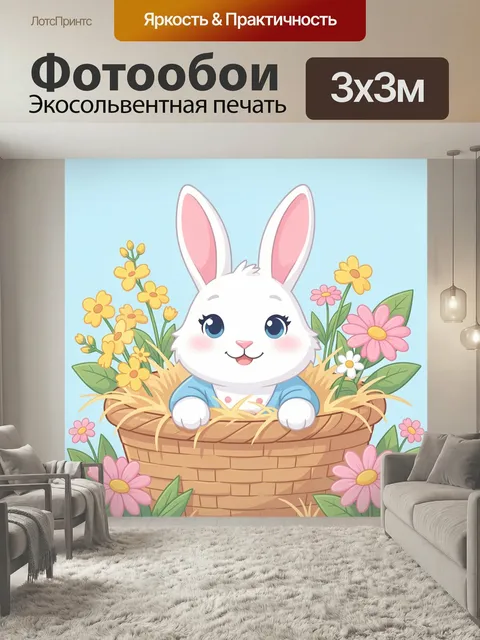 Фотообои Белый зайчик среди цветов
