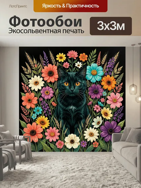 Фотообои Черный кот среди цветов. Загадочный темный кот с янтарными глазами в окружении ярких полевых и садовых соцвет…