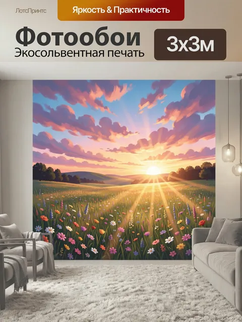 Фотообои Солнечный луг на закате. Живописный летний пейзаж с лучами низкого солнца, розово-фиолетовыми облаками и разн…