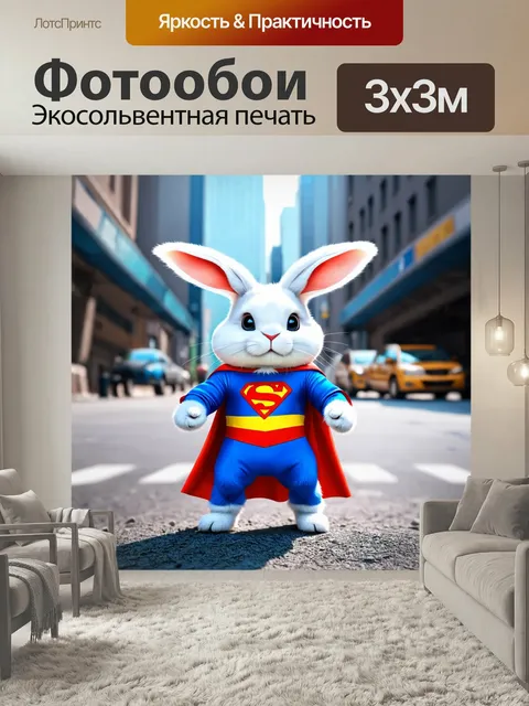 Фотообои Зайчик в костюме супергероя на фоне городской улицы